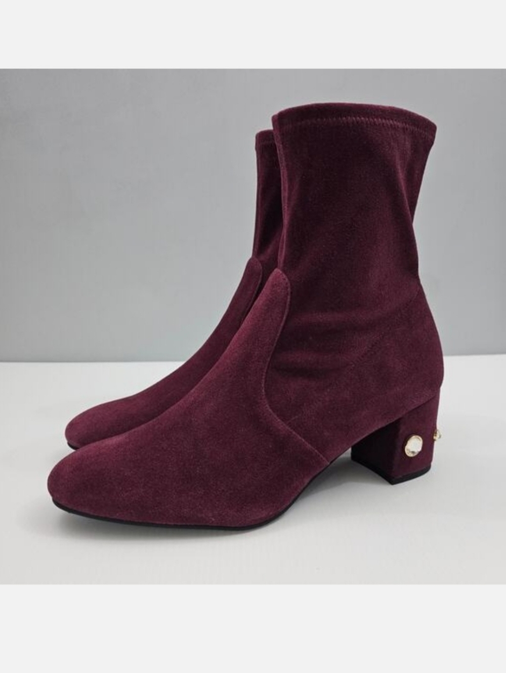 Stuart Weitzman Allshine Sock Ankle Boot Size 9 Wine Red Suede Jewel Block Heel